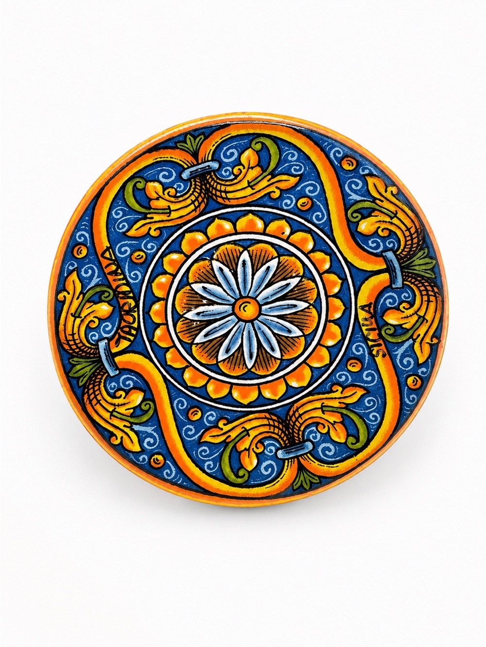 TINY Hand-Painted Ceramic Plate Magnet- Blue & Yellow Floral Medallion